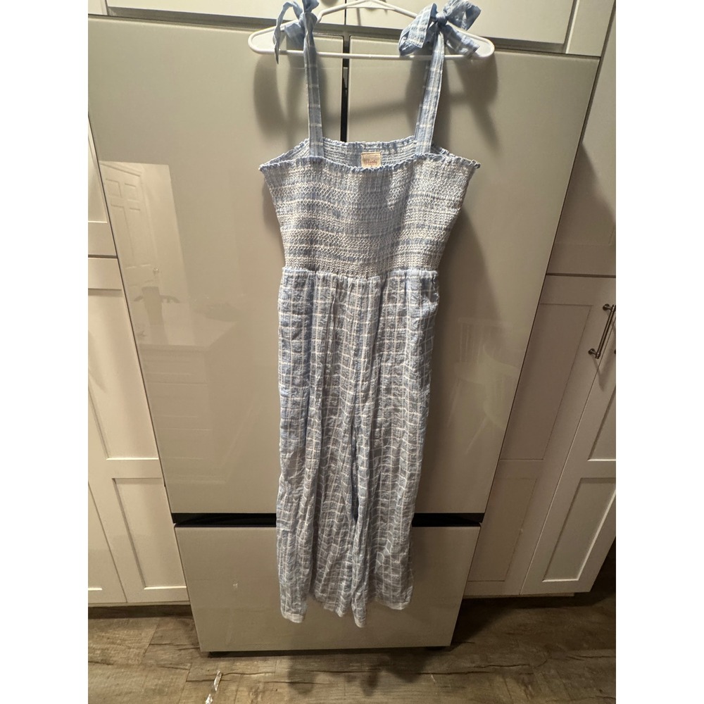 Anthropologie Plenty by Tracy Reese Blue Smocked Shoulder Wide Leg Jumpsuit Sâ